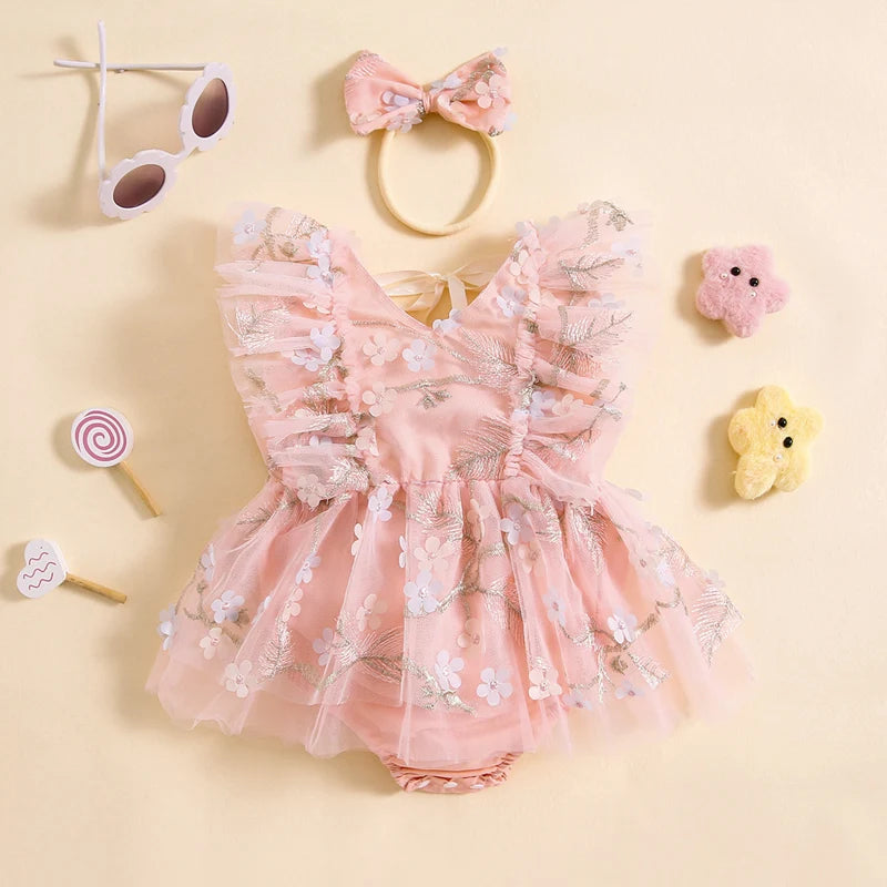 Baby Girl Floral Tulle Romper with Bow | Newborn Toddler Princess Outfit