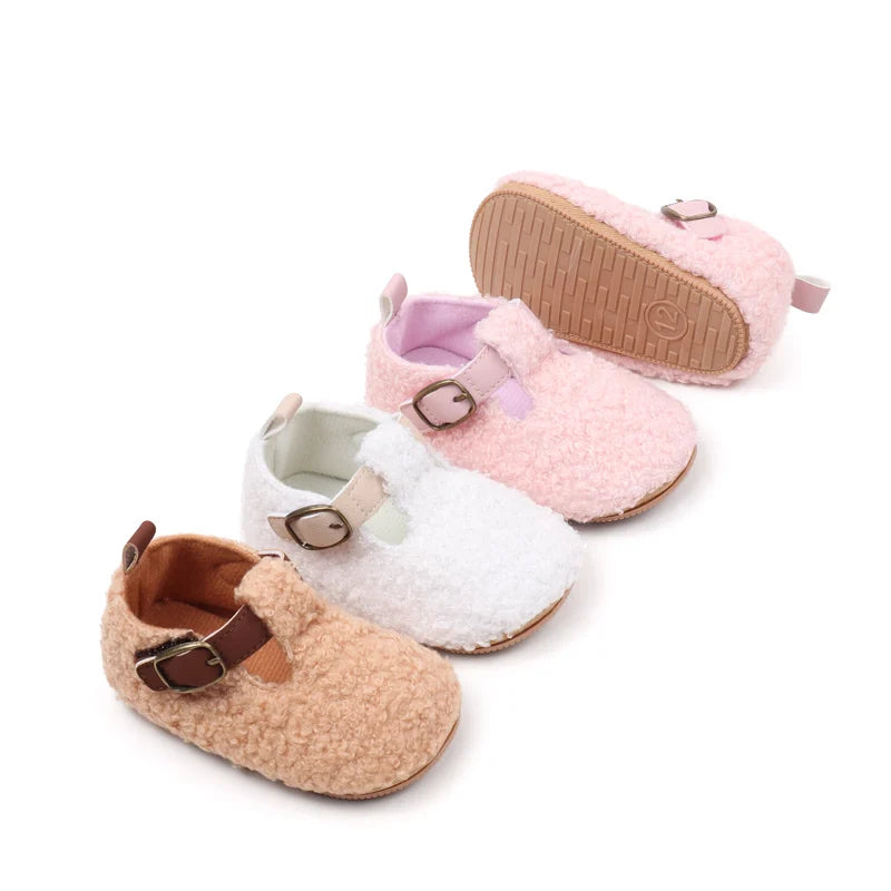Baby Teddy Fleece Mary Jane Shoes – Soft Cozy Buckle Crib Shoes for Baby Girls