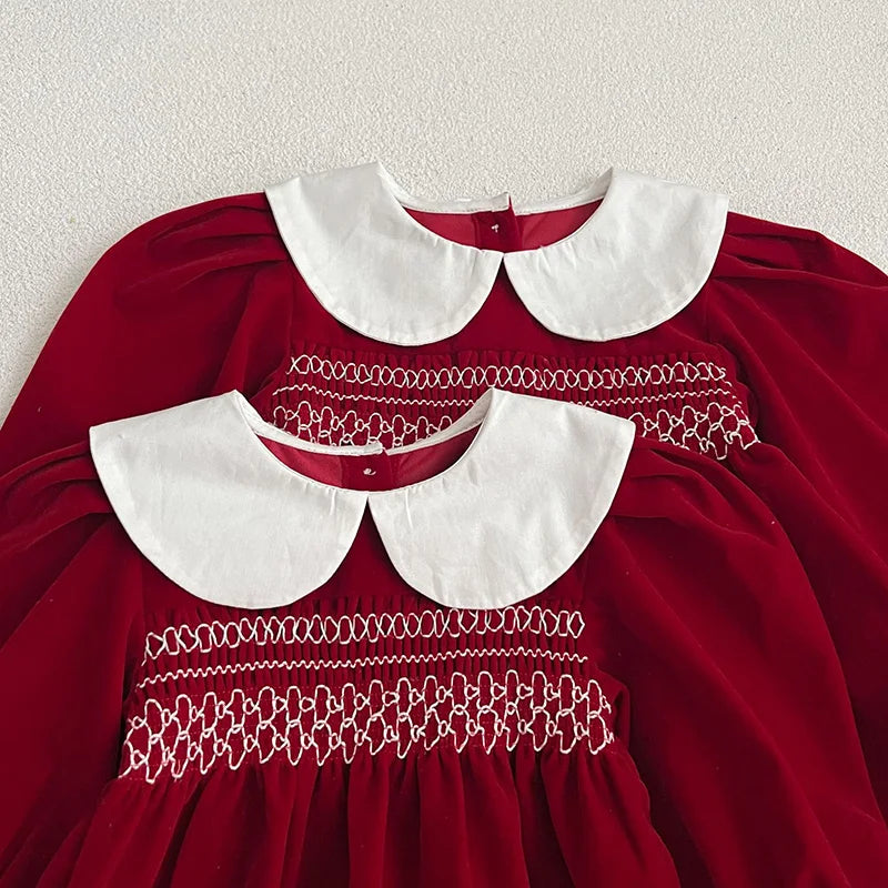 Vintage Red Velvet Baby Romper with White Collar – Holiday Baby Outfit | MGK & Co