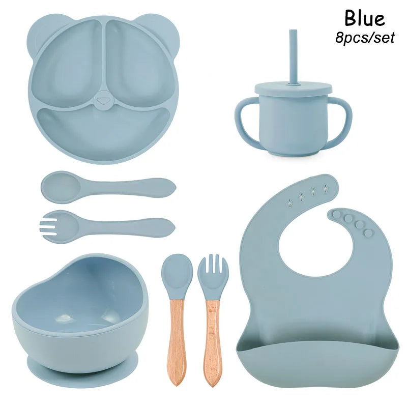 Baby Silicone Feeding Set – 8Pcs Suction Bowl, Bear Plate, Cup with Straw | Non-Slip Kids Tableware