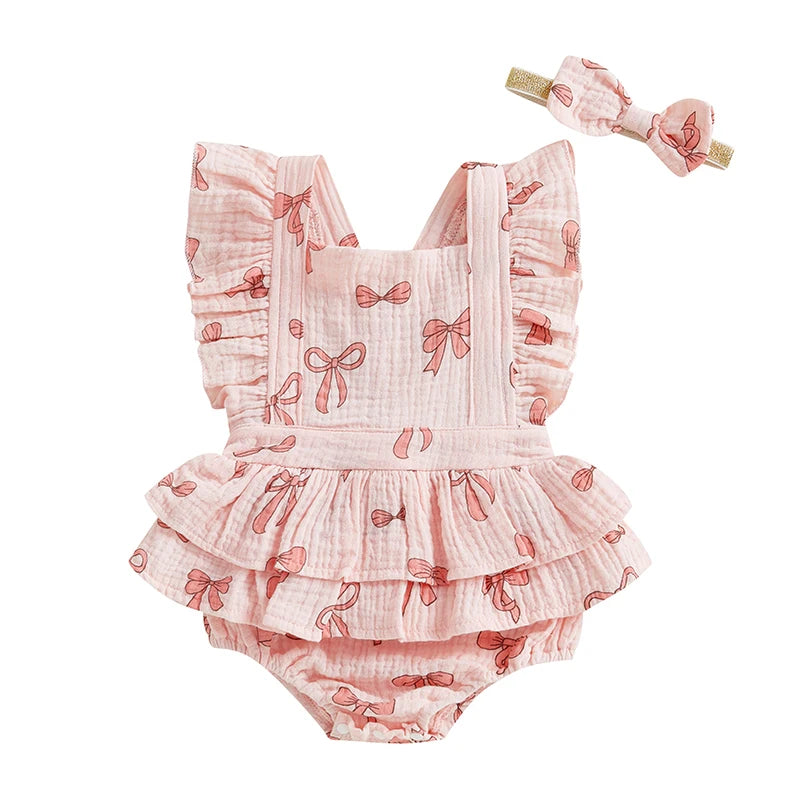 Valentine Baby Romper Set Pink Heart & Bow Ruffle Outfit with Matching Headband