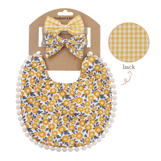 3-Piece Baby Bib & Headband Set – Cotton Pom Pom Bib with Matching Bow