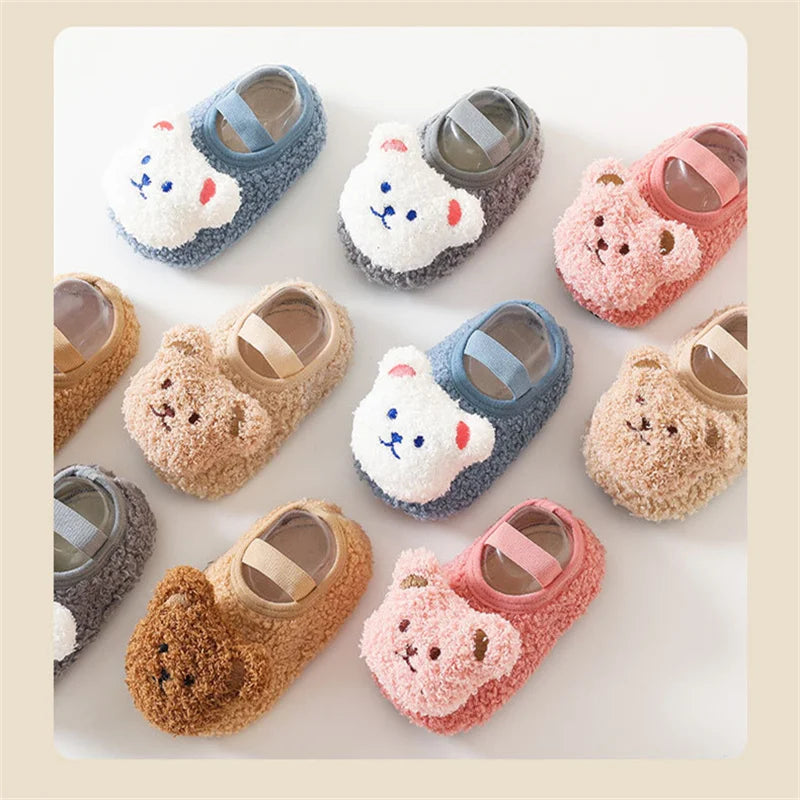 Cartoon Bear Baby Shoes Winter Thick Warm Newborn Shoes Non-slip Soled Soft Plush Toddler Kids Boy Girls Infant First Walkers