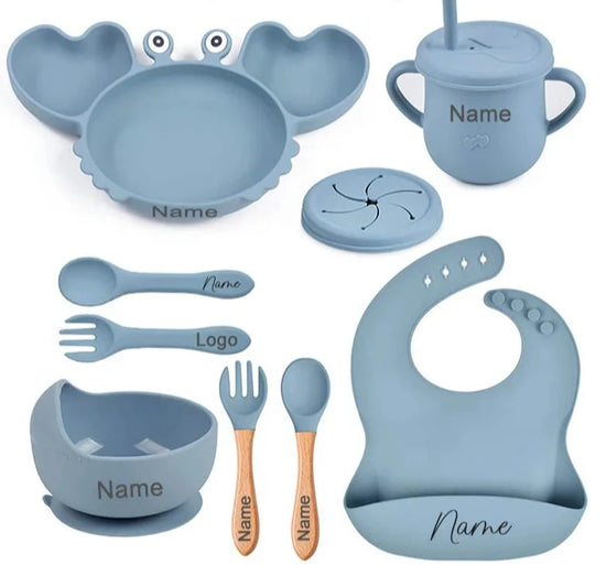 Crab Plate For Baby Silicone Tableware Suction Bowl Plate Tray Bibs Spoon Personalized Name Baby's Name Feeding Set For Kids