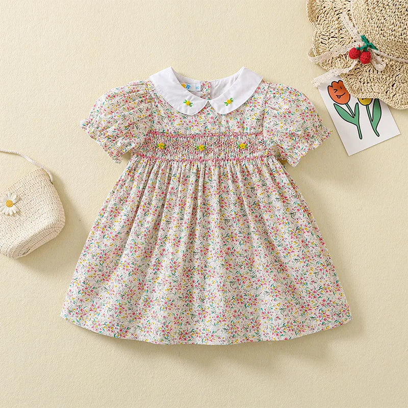 Baby Girl Floral Smocked Dress | Short Sleeve Peter Pan Collar Dress