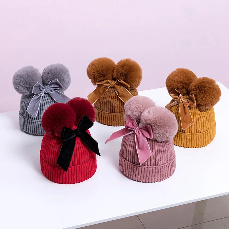 Pompom Bow Kids Beanie