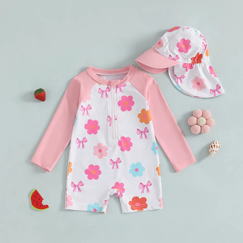 Baby Girl Strawberry Swim Romper Set | UV Sun Hat Summer Swimsuit