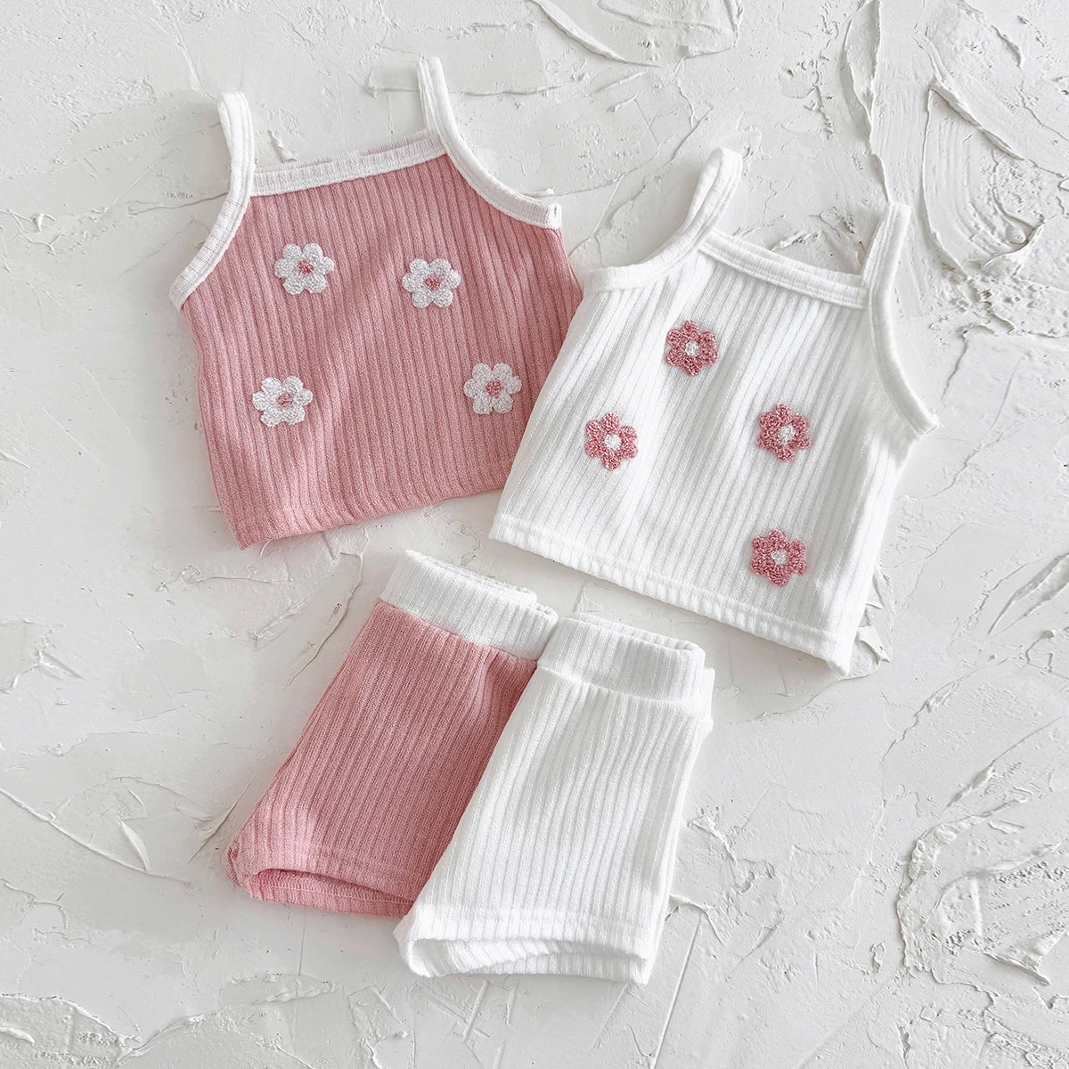 Baby Girl Summer Outfit Set | Ribbed Floral Crop Top & Shorts Matching Set