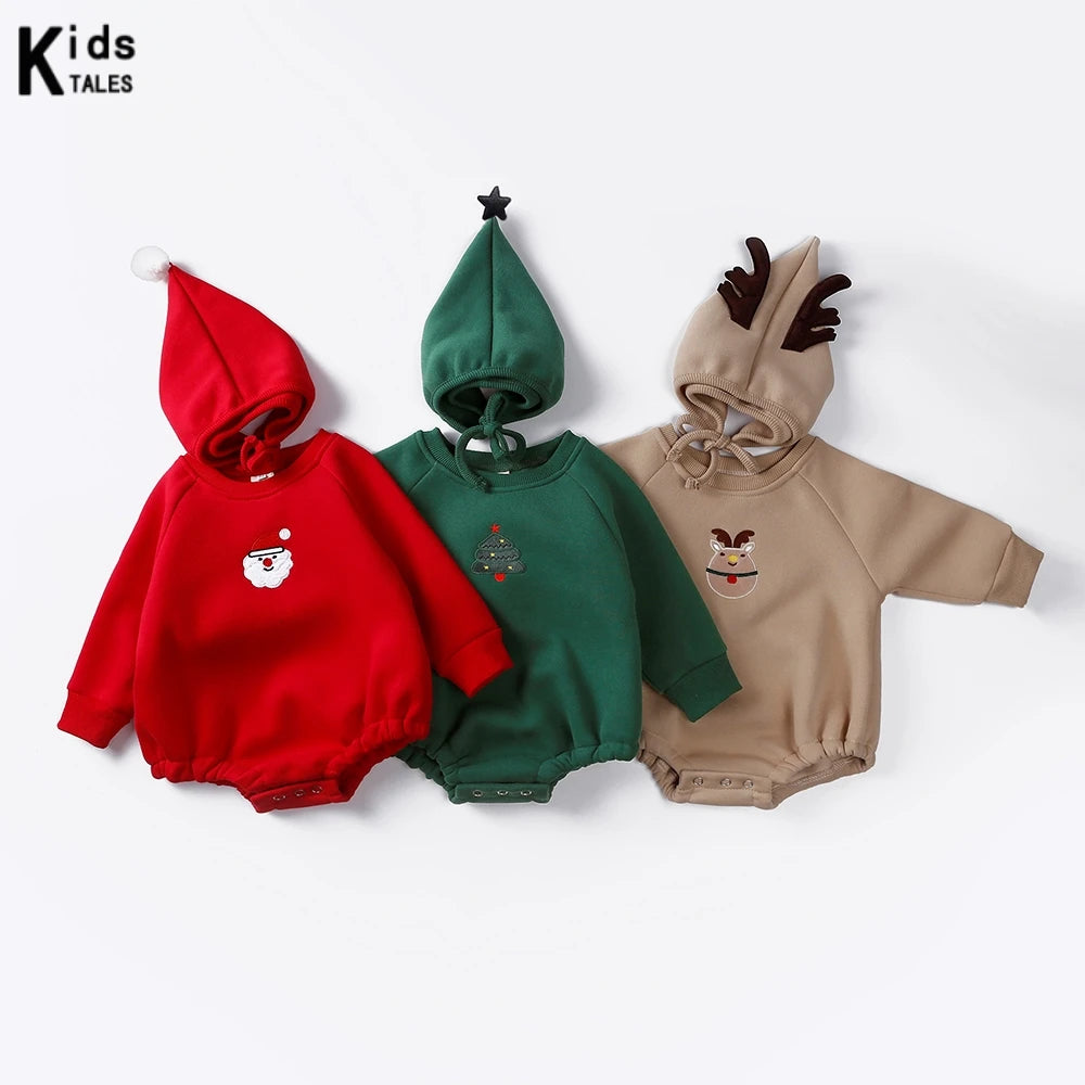2025 Christmas Costumes Newborn Clothes Baby Romper+Hat Winter Cotton Embroidery Thicken Fleece Toddler Jumpsuit Infant Gift