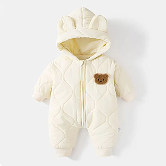 Winter Baby Bear Romper – Cozy Hooded Jumpsuit with Ears (Green, Brown & White)