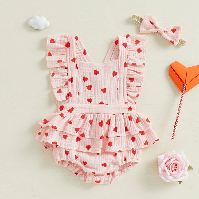 Valentine Baby Romper Set Pink Heart & Bow Ruffle Outfit with Matching Headband