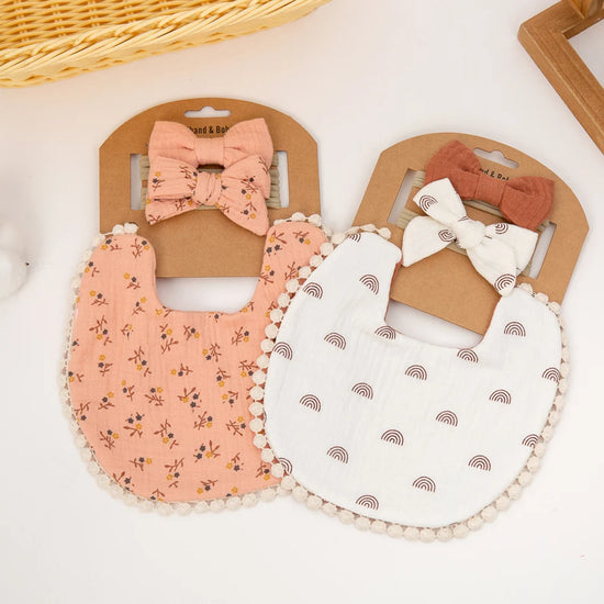 3-Piece Baby Bib & Bow Set – Reversible Cotton Bib with 2 Matching Headbands