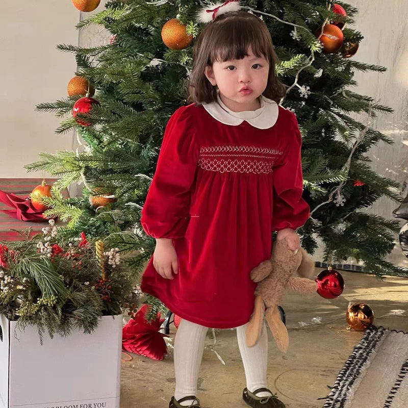 Christmas vintage Red Smocked Holiday Dress for Girls with White Collar | MGK & Co