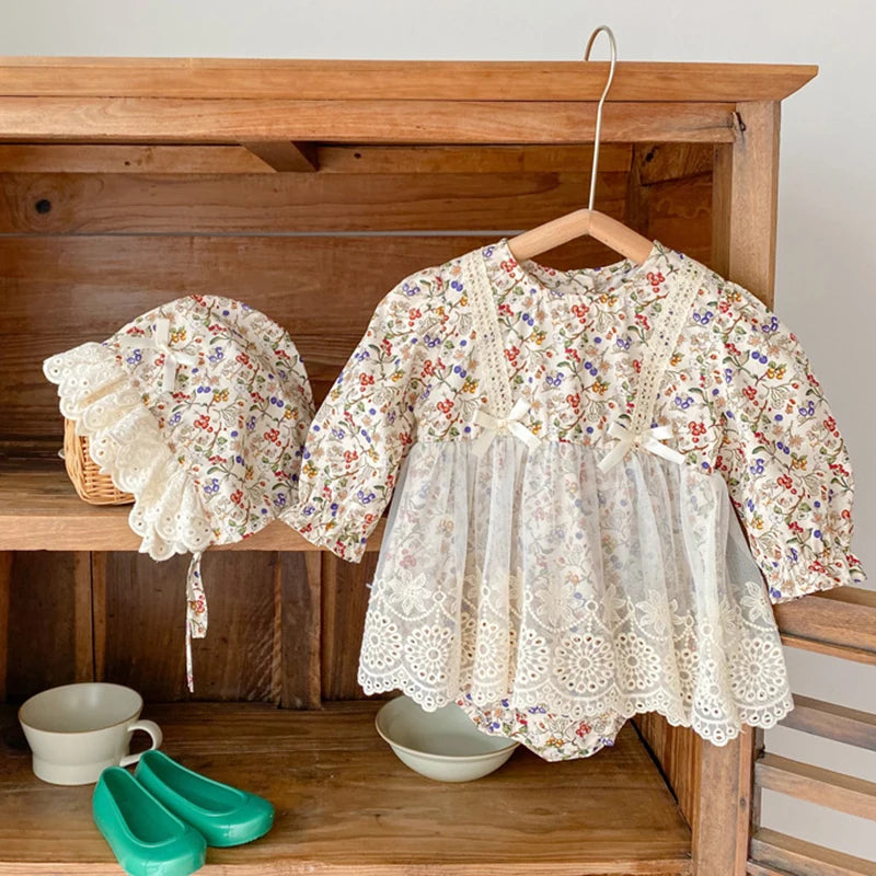 Toddler Baby Girl Floral Romper with Hat | Long Sleeve Cotton Lace Outfit