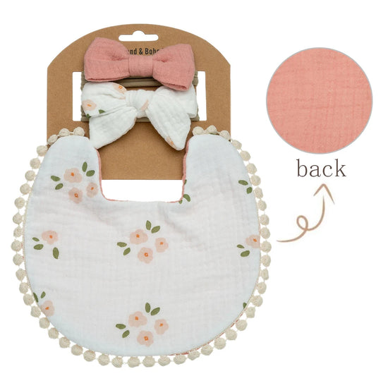 3-Piece Baby Bib & Bow Set – Reversible Cotton Bib with 2 Matching Headbands