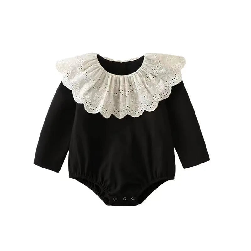 Baby Girl Black Lace Romper Set | Vintage Collar Outfit | Newborn Toddler Bodysuit with Knee High Socks