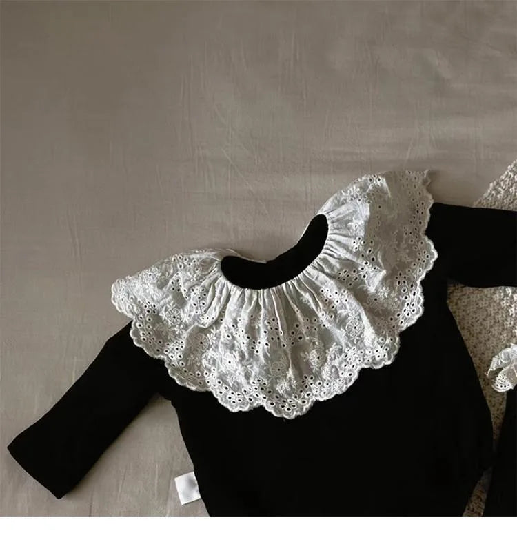 Baby Girl Black Lace Romper Set | Vintage Collar Outfit | Newborn Toddler Bodysuit with Knee High Socks