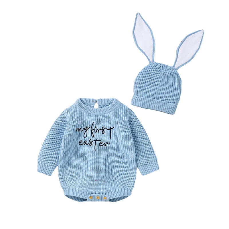 My First Easter Baby Bodysuit with Bunny Ear Hat | Knit Baby Romper Set | Newborn Easter Outfit 0-12M