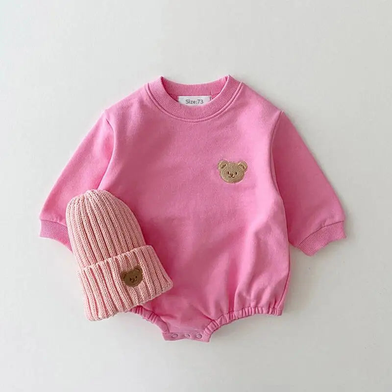 Baby Unisex Long Sleeve Romper | Soft Cotton Bear Embroidered Infant Bodysuit