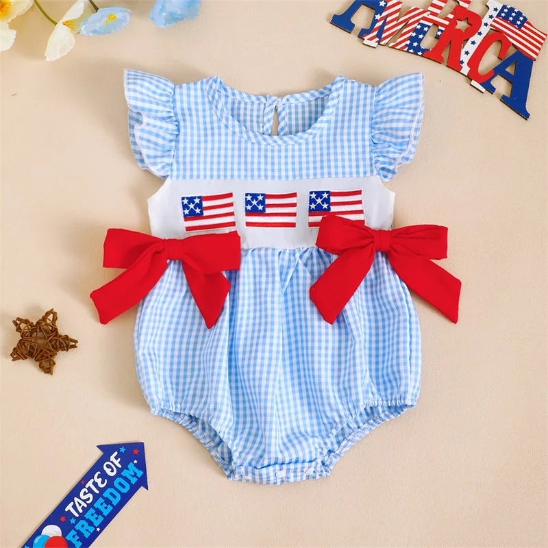 Baby Girl Patriotic Romper | 4th of July USA Flag Outfit Gingham Summer Set