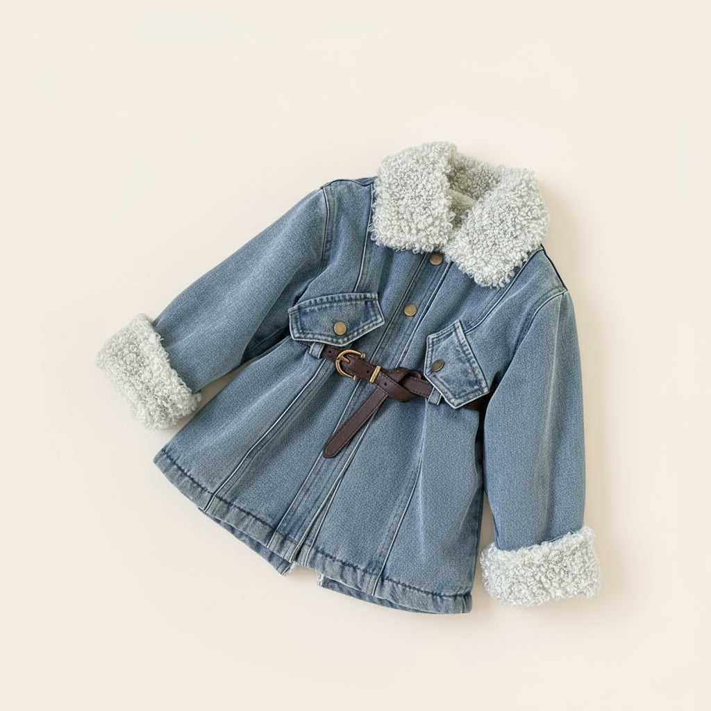 Denim jacket with white fur trim on a neutral background