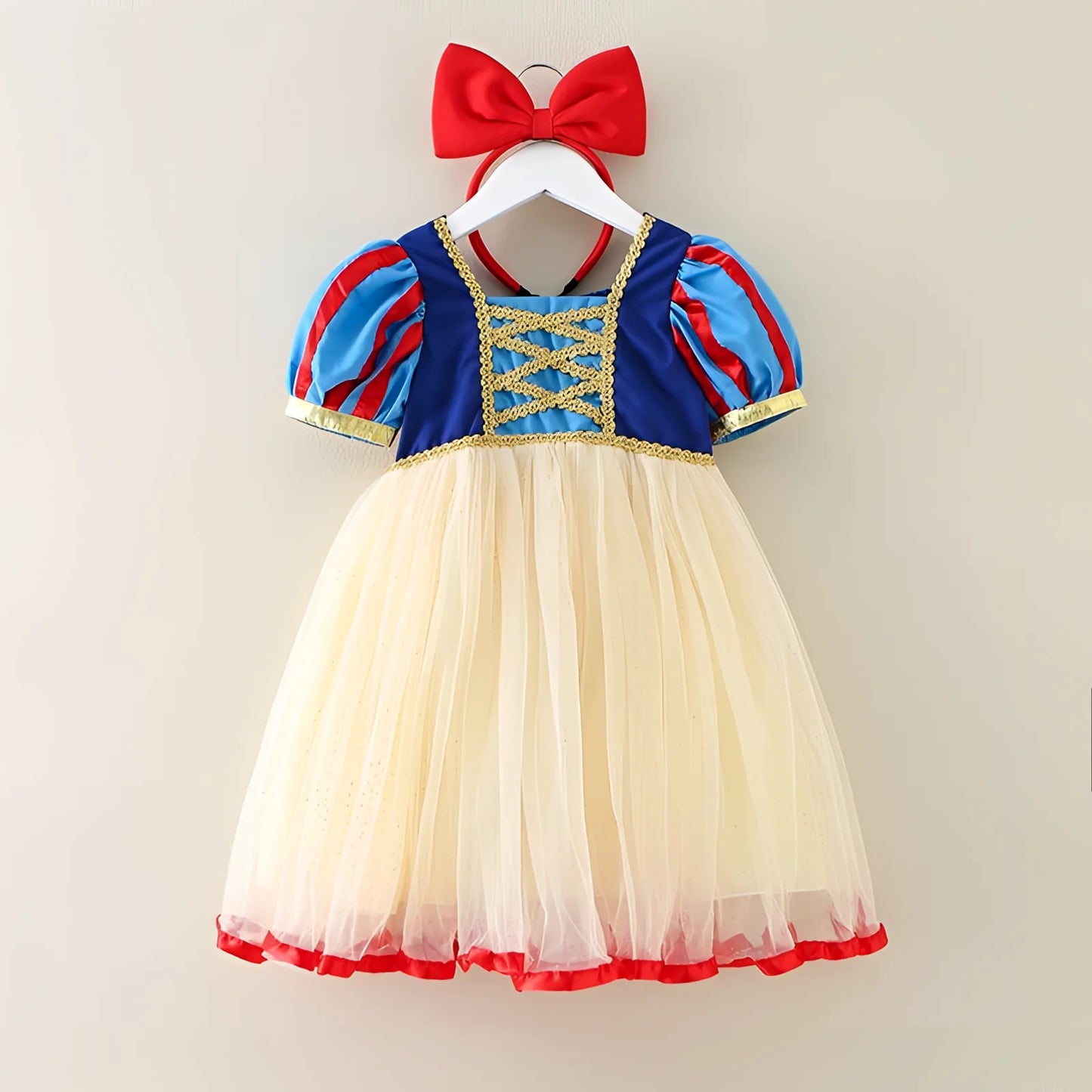 Children's dress inspired by Snow White with a red bow on a beige background