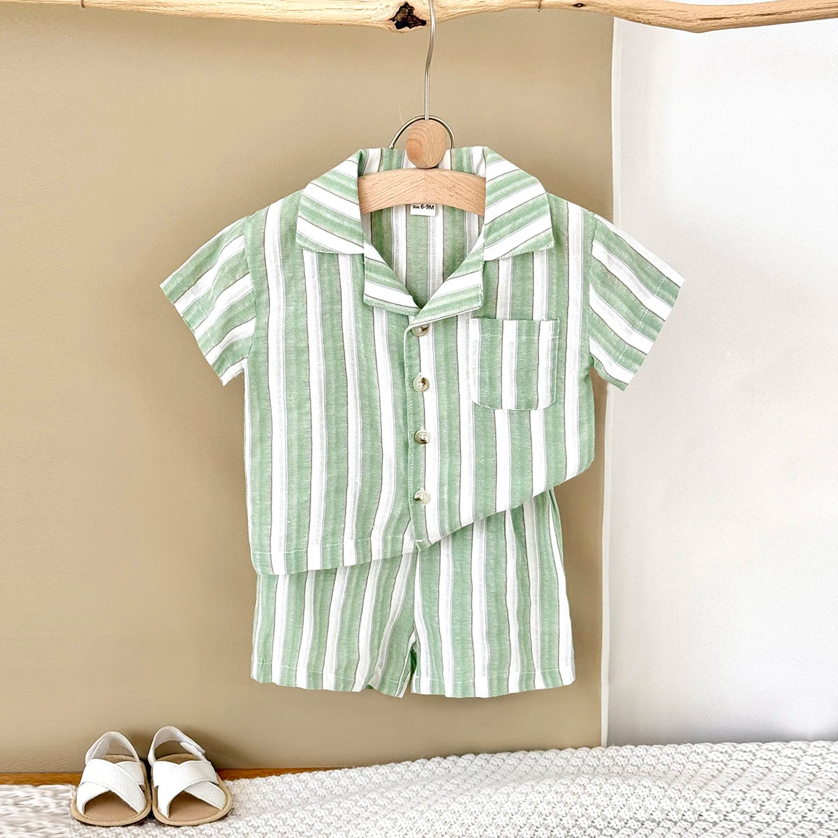 Baby Boy Summer Outfit Set Green Striped Shirt & Shorts | Toddler Vacation Clothes