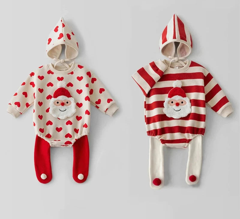 Christmas Baby Santa Claus Sweater Romper & Hat Set – Red & White Striped Holiday Outfit for Kids