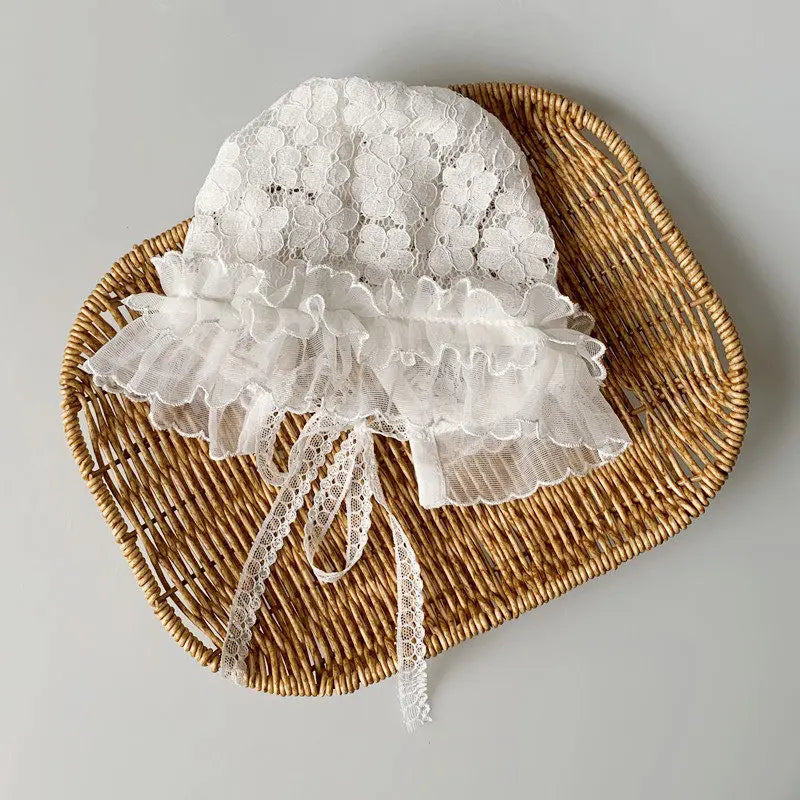 Baby Girl Lace Bonnet | White Ruffle Newborn Photo Hat
