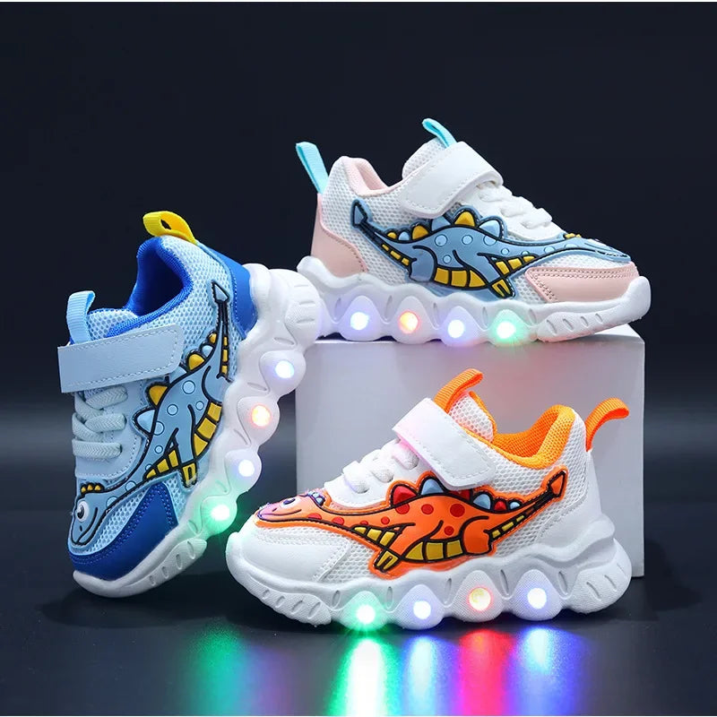 Dino Glow: LED Cartoon Dinosaur Kid Sneakers for Playful Adventures!