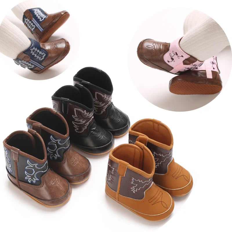 Set of children's cowboy boots in brown, black, and tan on a white background.