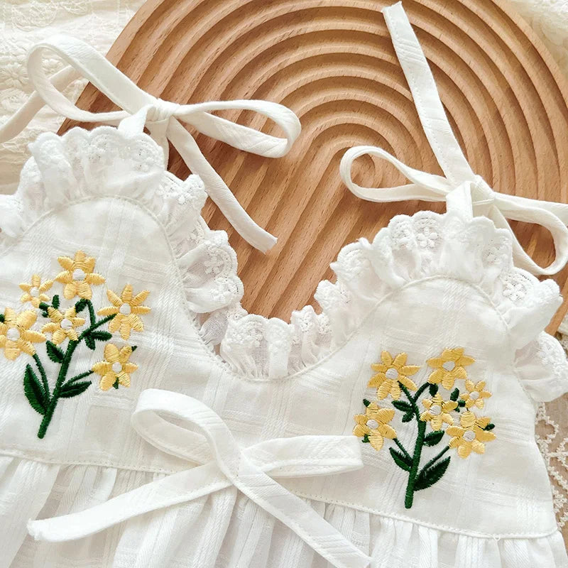 Baby Girl White Romper Floral Embroidery | Summer Infant Sleeveless Lace Romper