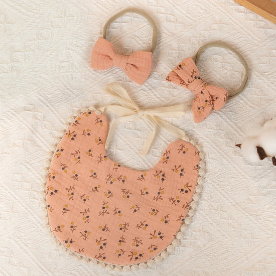 3-Piece Baby Bib & Bow Set – Reversible Cotton Bib with 2 Matching Headbands