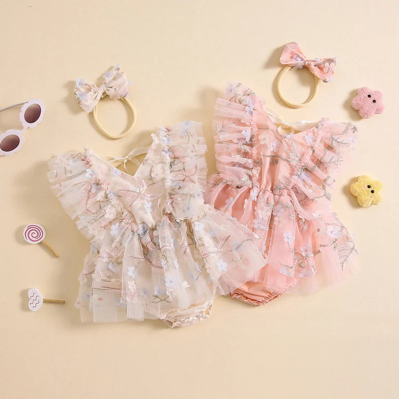 Baby Girl Floral Tulle Romper with Bow | Newborn Toddler Princess Outfit