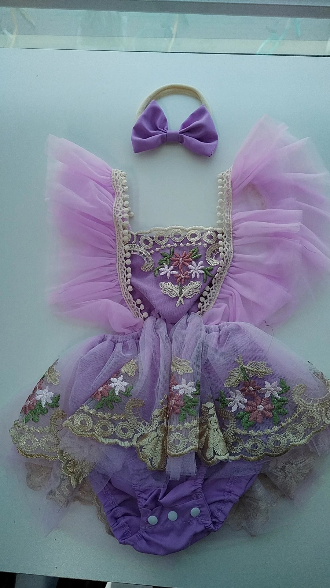 Baby Girl Tulle Lace Romper Dress | Floral Embroidered Princess Outfit with Headband (0–24 Months)