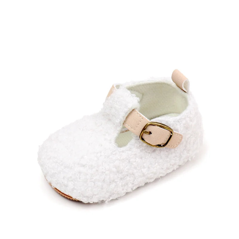 Baby Teddy Fleece Mary Jane Shoes – Soft Cozy Buckle Crib Shoes for Baby Girls
