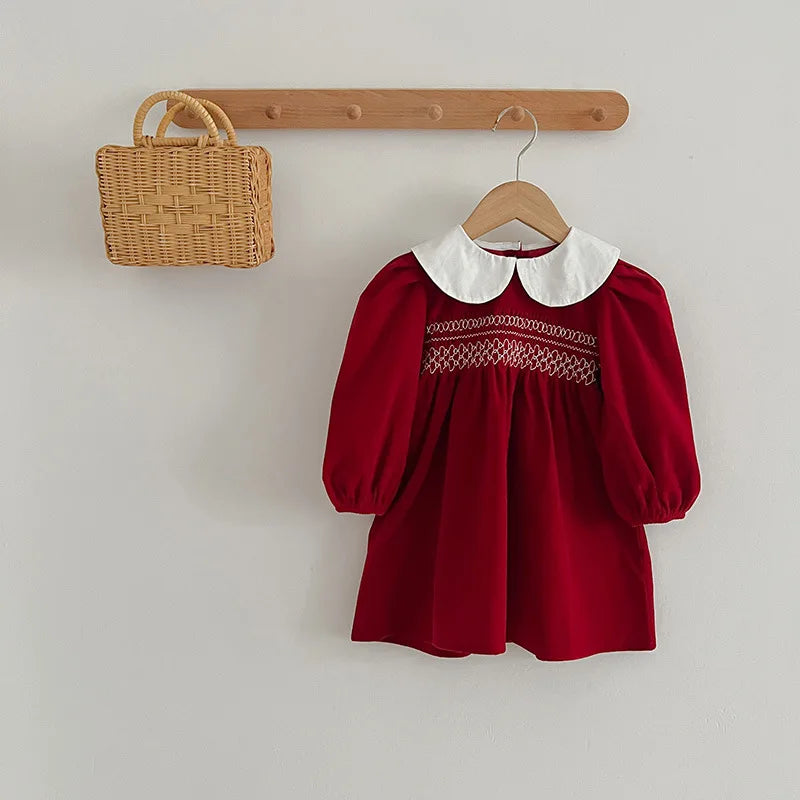 Christmas vintage Red Smocked Holiday Dress for Girls with White Colla MGK & Co Ltd Christmas vintage Red Smocked Holiday Dress for Girls with White Colla MGK & Co Ltd