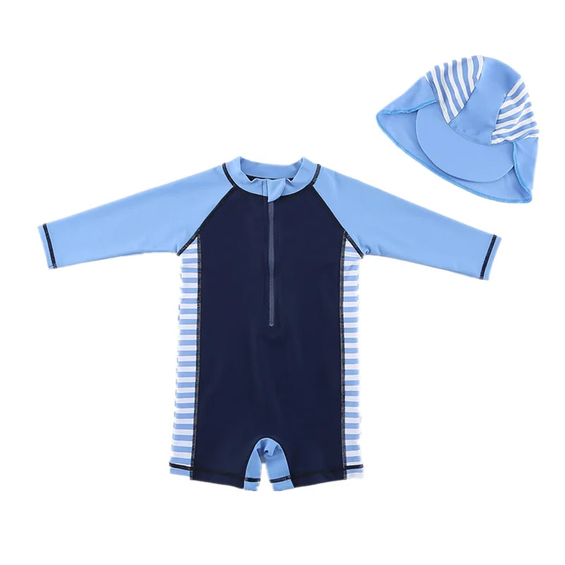 Baby Boy Swimsuit With Hat | UPF50+ Sun Protection Swimwear | Long Sleeve Beach & Pool Outfit