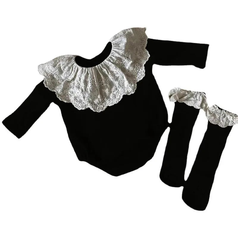Baby Girl Black Lace Romper Set | Vintage Collar Outfit | Newborn Toddler Bodysuit with Knee High Socks
