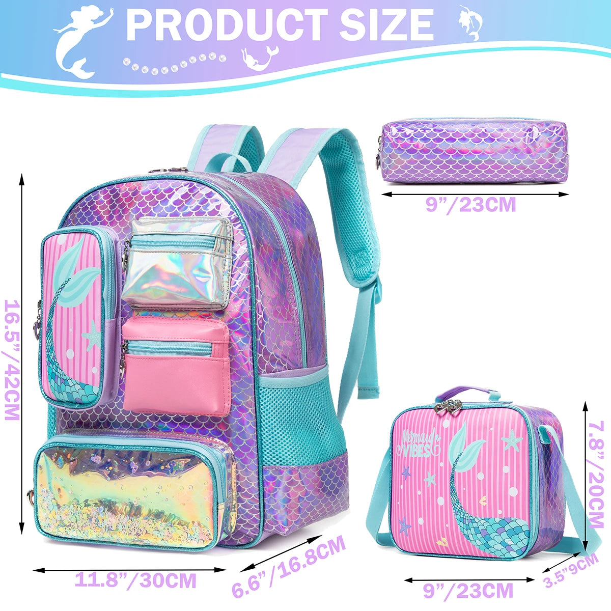3-Piece Mermaid Backpack Set for Girls – School Backpack, Lunch Bag & Pencil Case