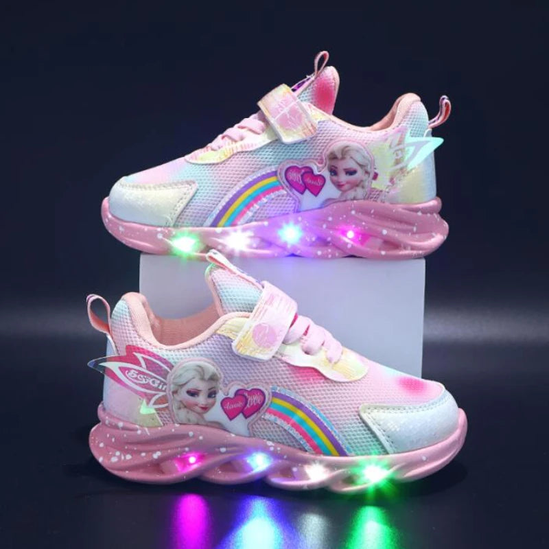 Princess LED Casual Sneakers Pink Purple For Spring Girls Princess Print Outdoor Shoes Children Lighted Non-slip Shoes