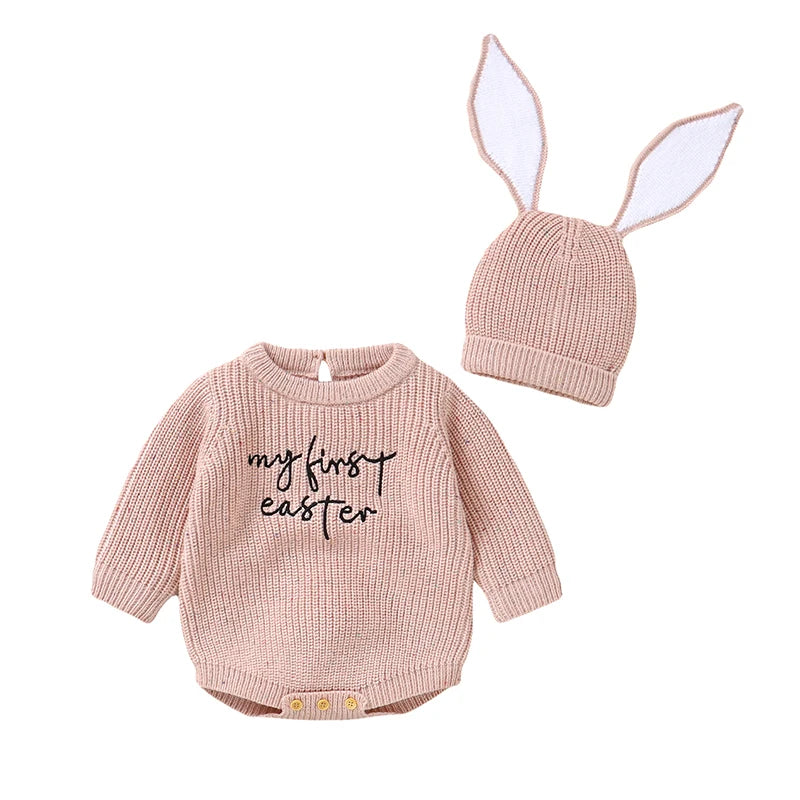 My First Easter Baby Bodysuit with Bunny Ear Hat | Knit Baby Romper Set | Newborn Easter Outfit 0-12M