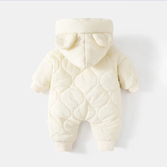 Winter Baby Bear Romper – Cozy Hooded Jumpsuit with Ears (Green, Brown & White)