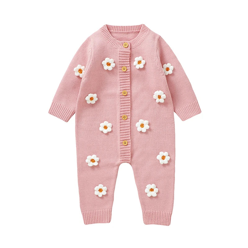 Baby Knit daisy Floral Romper | Soft Long Sleeve Newborn Outfit