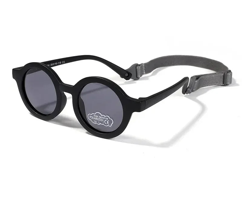 Black sunglasses with gray strap on a white background, featuring the MOKDUFF brand.