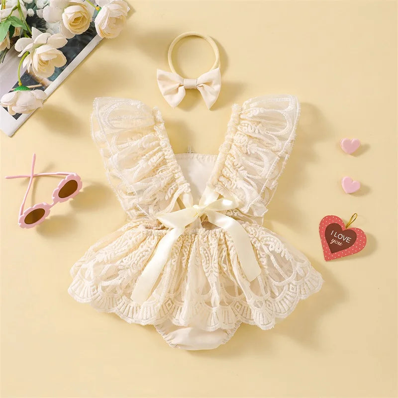 Baby Girl Lace Romper Dress Ivory | Floral Tulle Princess Outfit