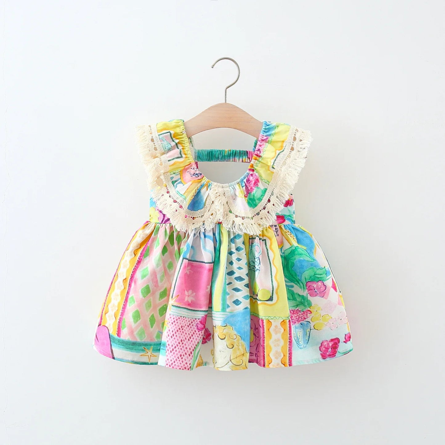 Baby girl colorful graffiti floral summer dress with boho lace fringe and ruffle shoulders