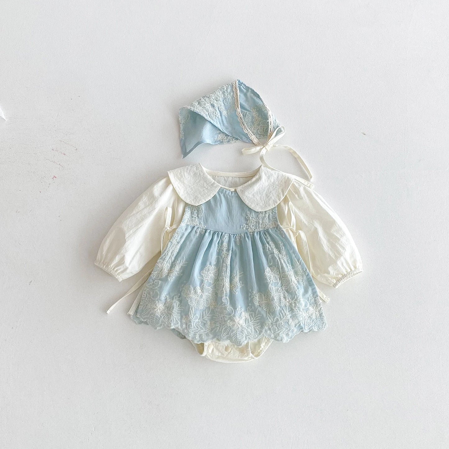 Baby Girl Light Blue Lace Romper Set | Newborn Vintage Outfit