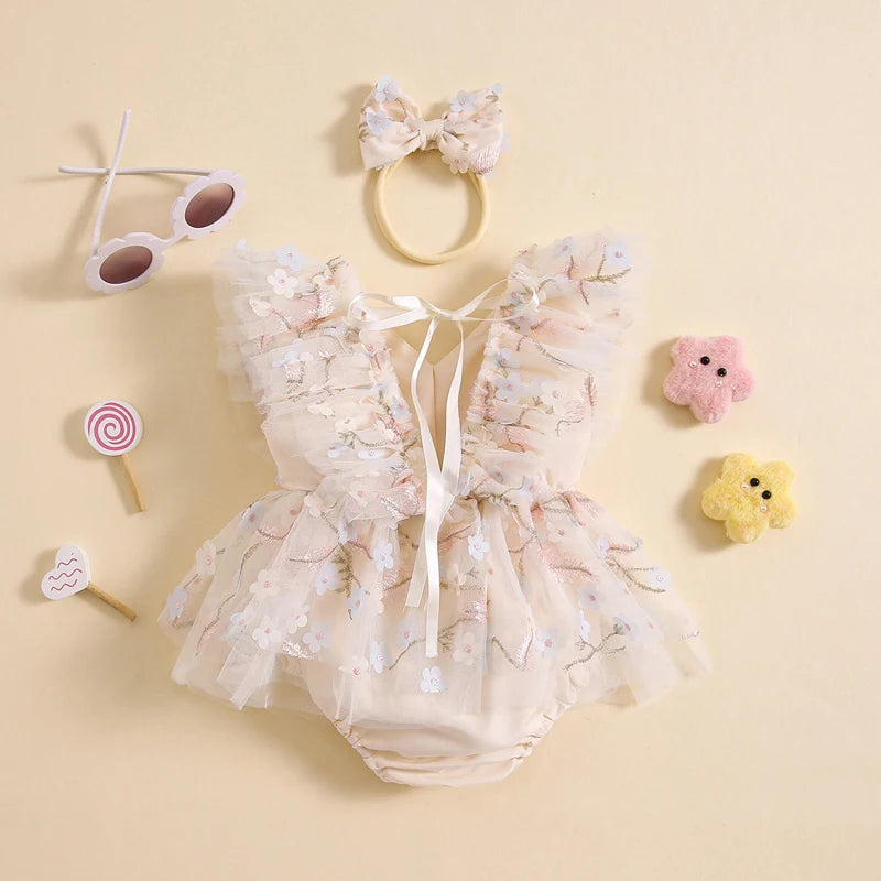 Baby Girl Floral Tulle Romper with Bow | Newborn Toddler Princess Outfit