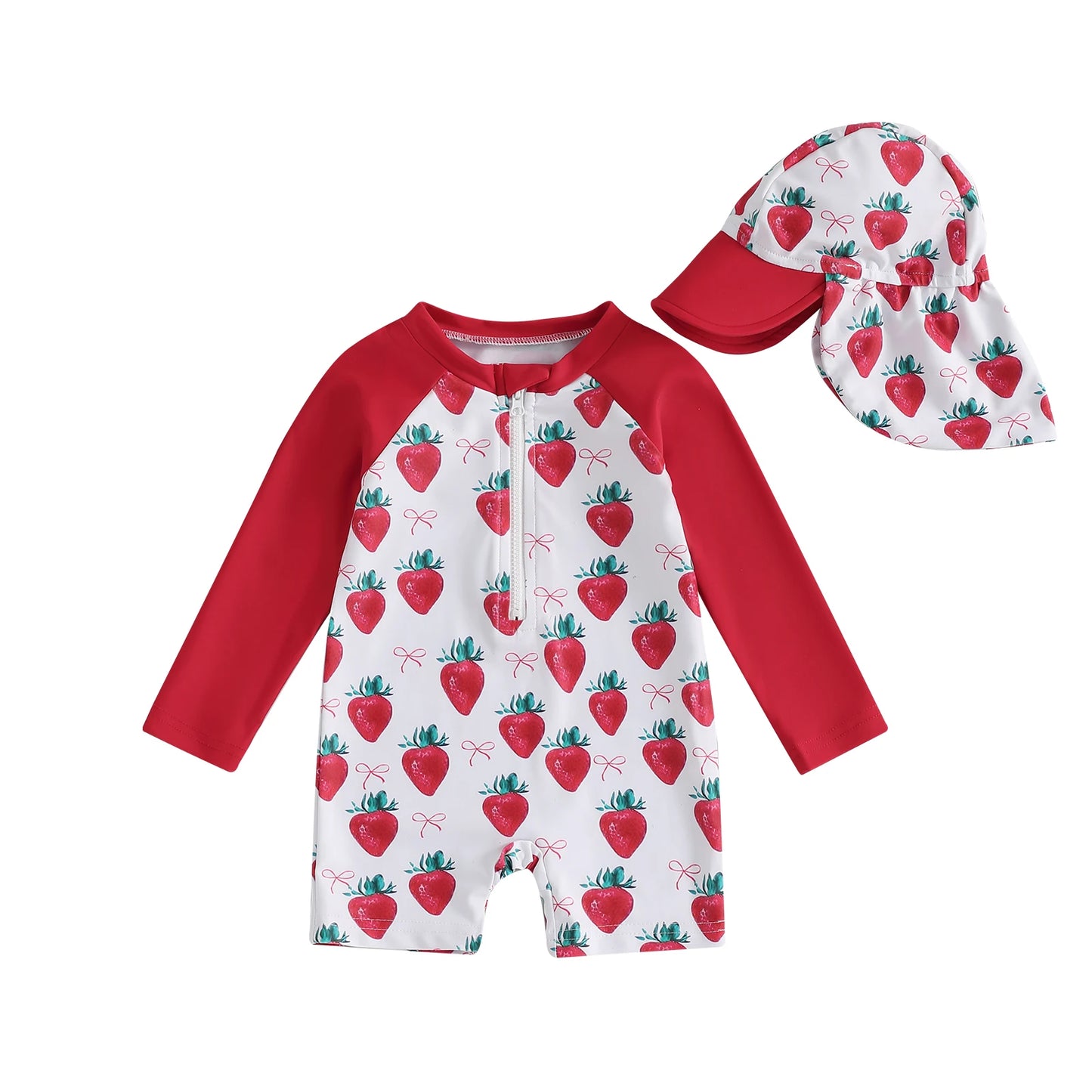 Baby Girl Strawberry Swim Romper Set | UV Sun Hat Summer Swimsuit